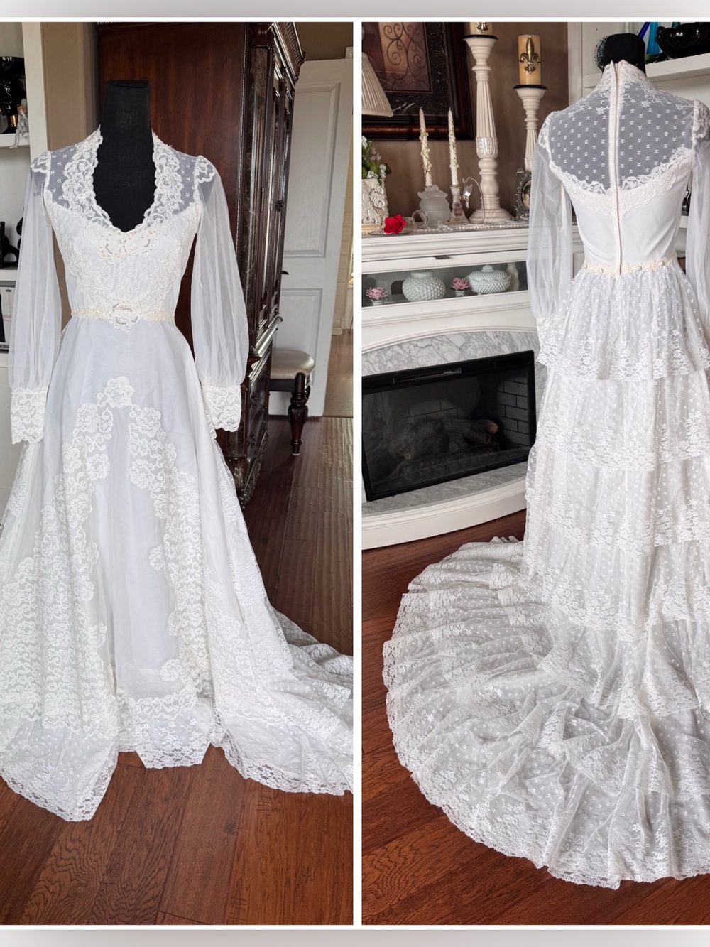 Vintage Lace Bridal Gown Sheer Long‎ Sleeves